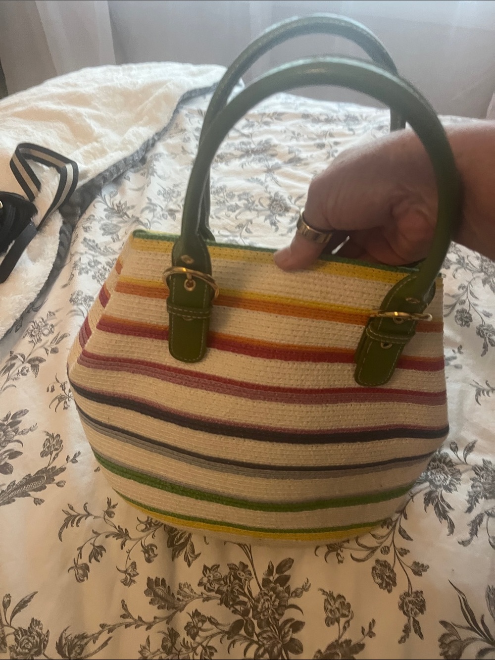 Striped Canvas weaved colorful Tote with Green Handles